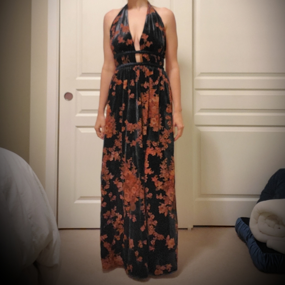 Navy Velvet Dress with Orange Flower Pattern